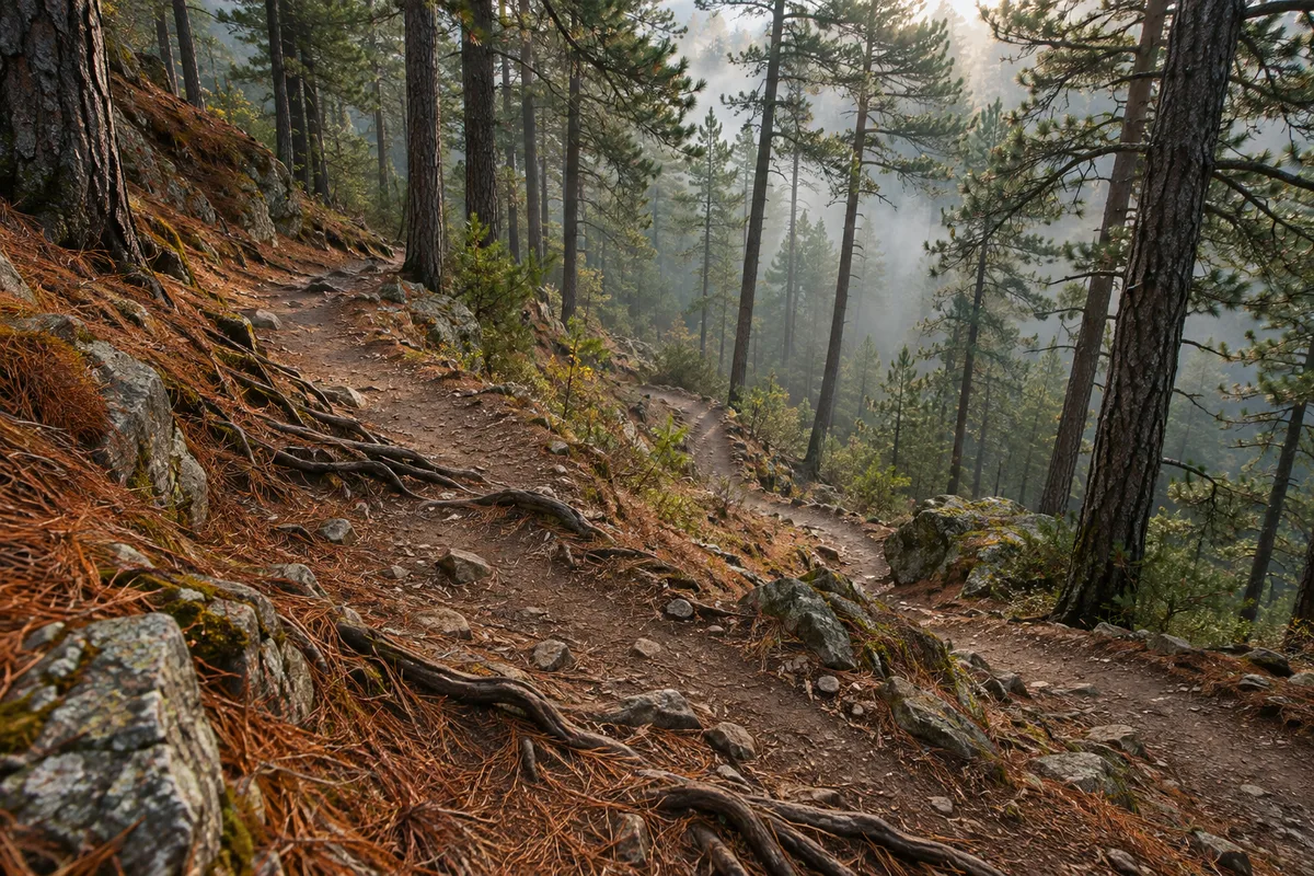 Sentier étroit en lacets descendant à travers une forêt de pins, racines et cailloux au sol