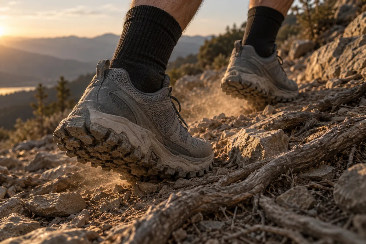 Chaussures de trail en appui sur des pierres et des racines dans une pente