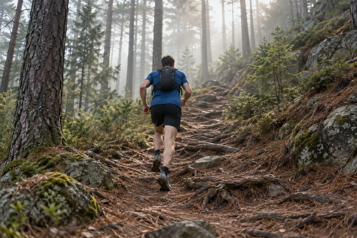Coureur vu de dos sur un sentier forestier en montée dans la brume matinale