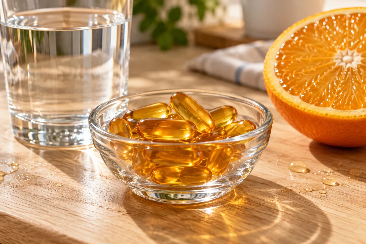 Gélules ocre dans une coupelle en verre à côté d’un verre d’eau et d’une demi-orange