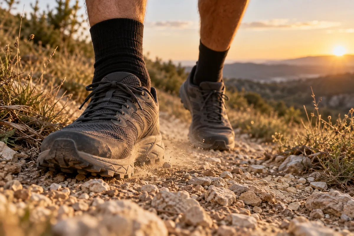 Chaussures de trail en appui sur un sol de terre et de cailloux