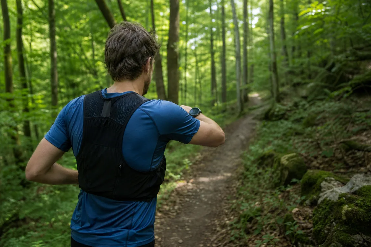 Coureur de trail consultant sa montre GPS sur un sentier forestier
