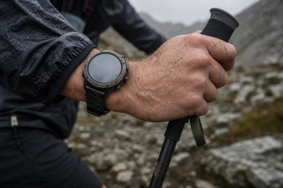 Montre GPS au poignet d&rsquo;un coureur en montée sur un sentier rocailleux