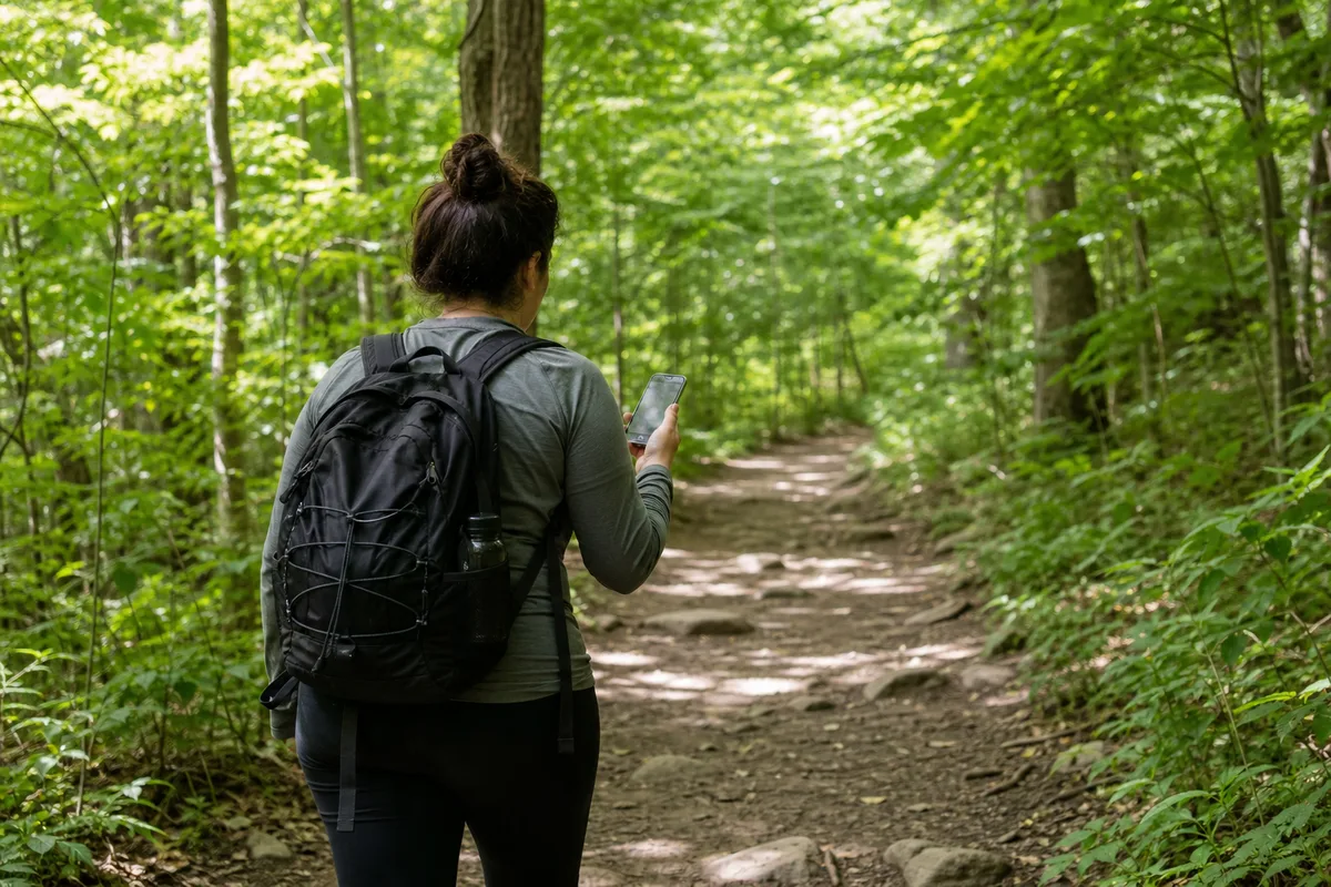 Marcheur smartphone en main sur un sentier forestier