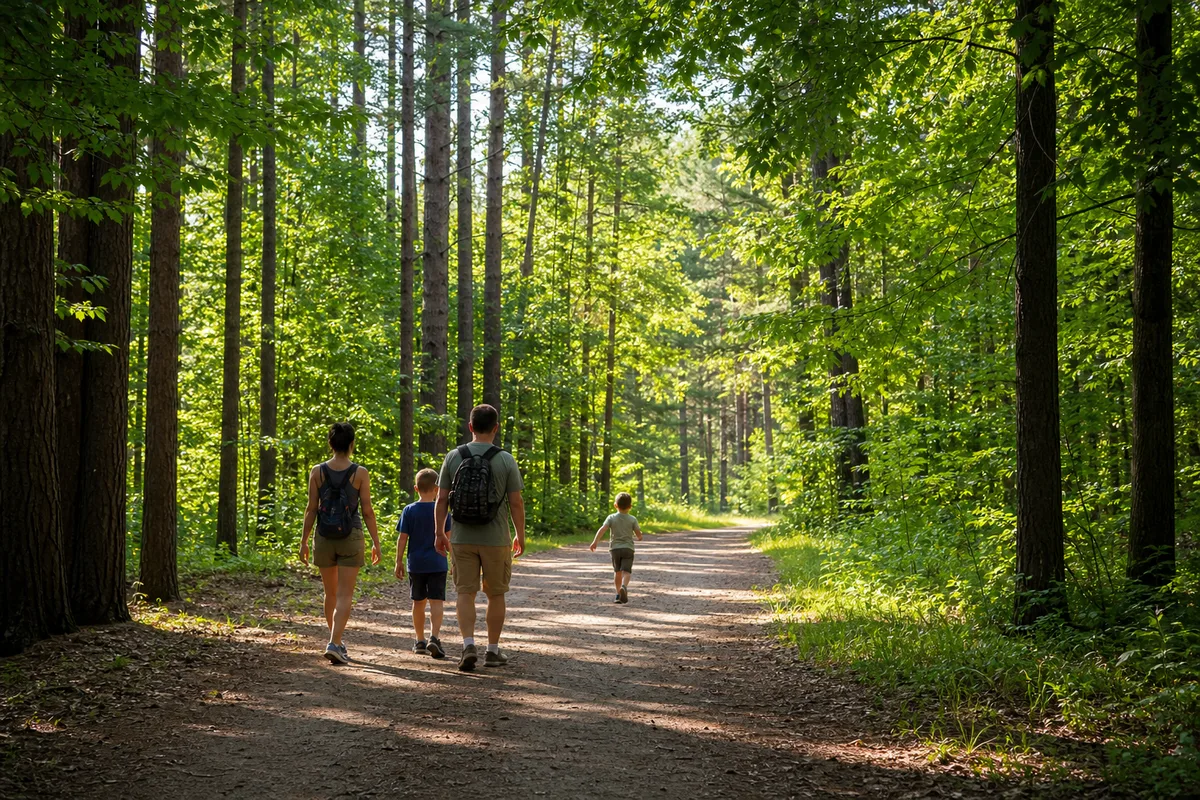 Famille en balade sur un chemin forestier ensoleillé