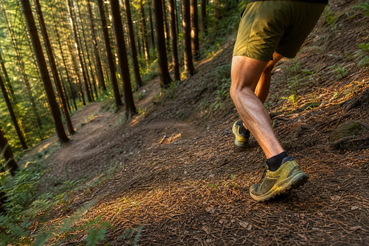 Jambes de coureur en descente sur un sentier forestier en lacets
