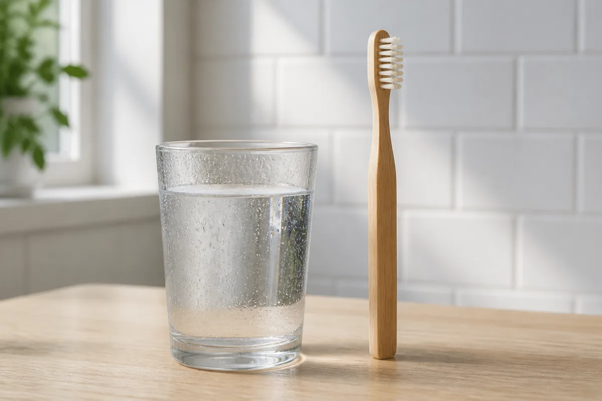 Verre d’eau claire et brosse à dents posés sur un plan en bois clair