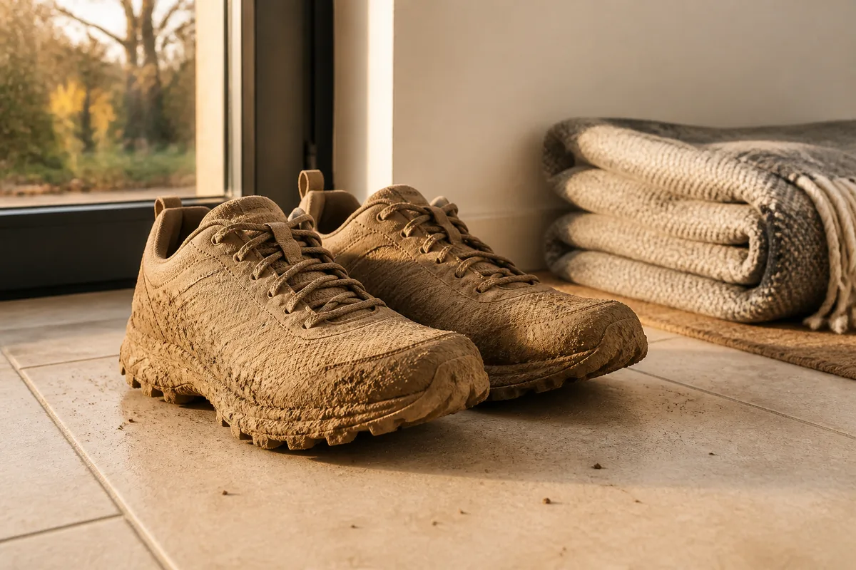Chaussures de trail boueuses posées près d’une porte vitrée après une sortie
