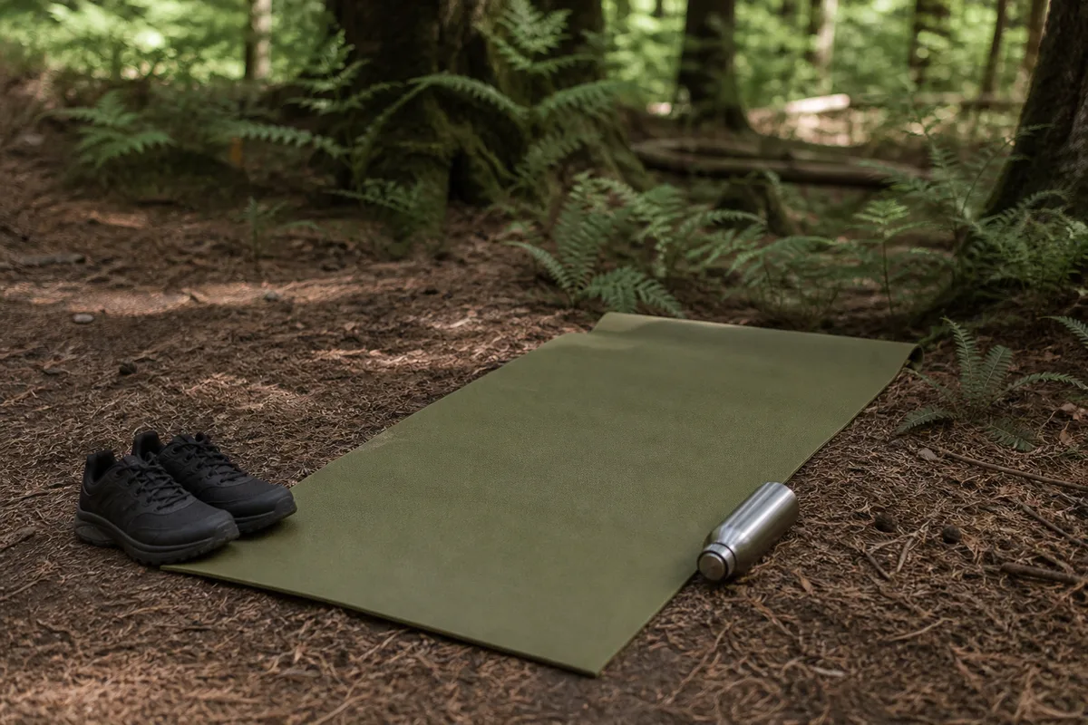 Tapis déroulé au bord d&rsquo;un sentier forestier avec une paire de chaussures de trail posée à côté